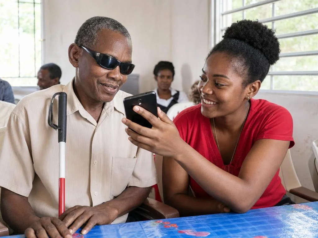Un hombre con gafas oscuras, con su bastón blanco al lado, escucha un teléfono que le acerca una joven sentada junto a él.