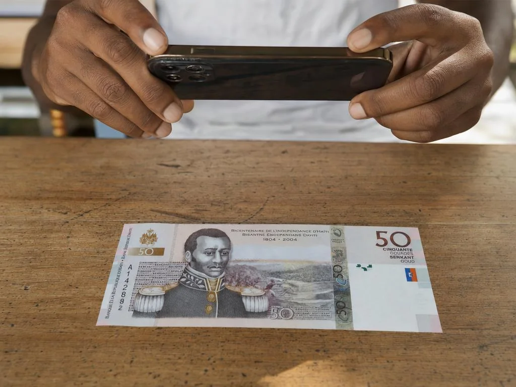 Una mano sostiene un teléfono en horizontal sobre un billete de gourdes puesto en una mesa.