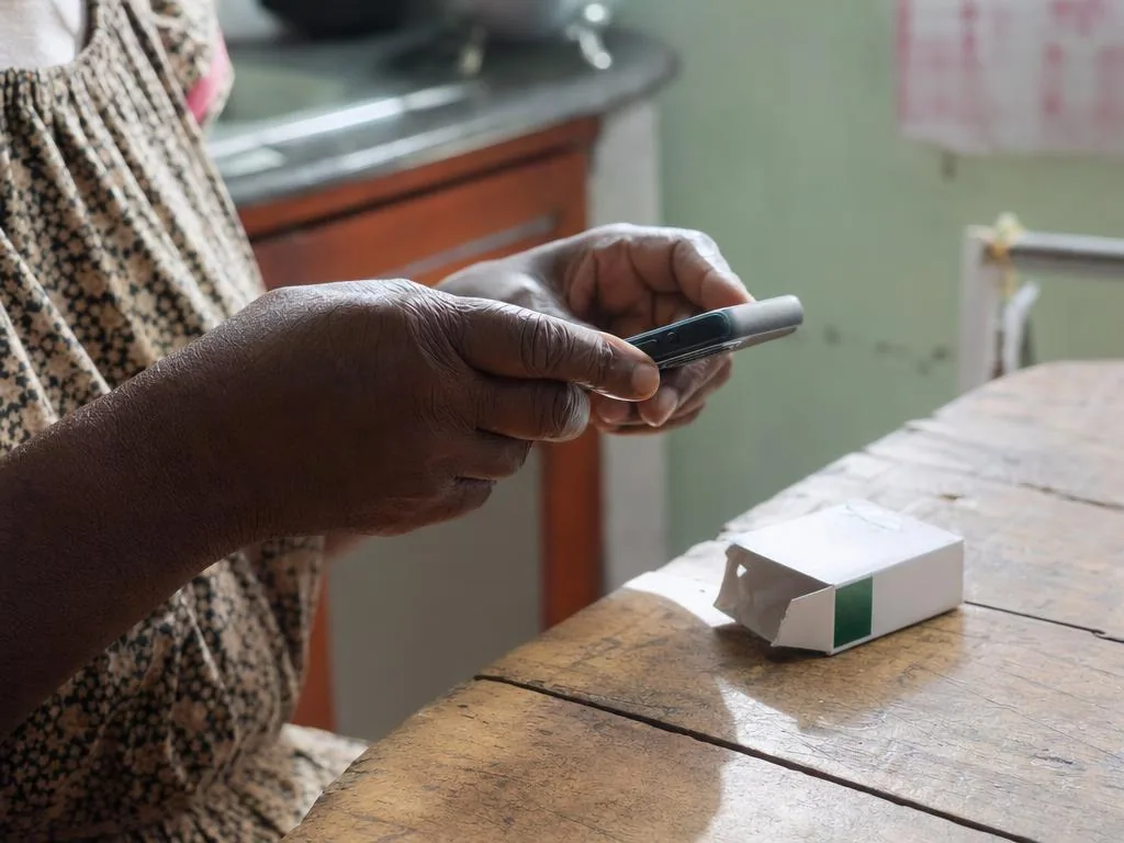 Unas manos sostienen un teléfono sobre una caja de medicamento en una mesa de madera.