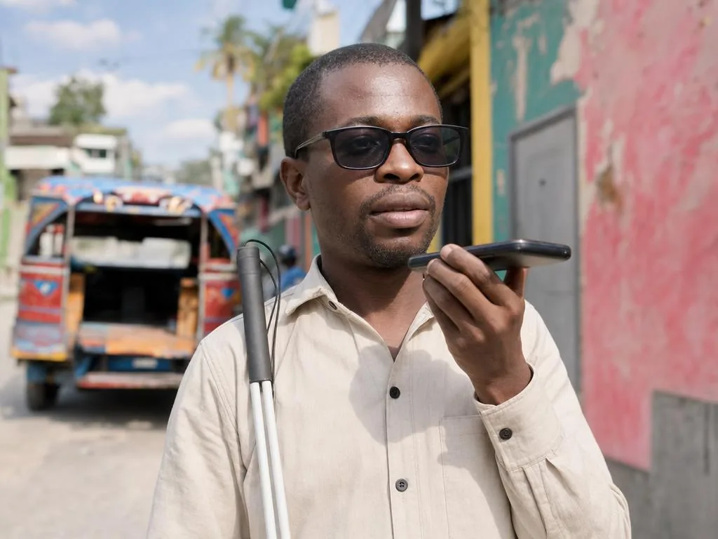 Un hombre con gafas oscuras y un bastón blanco habla a su teléfono en una calle colorida de Puerto Príncipe.