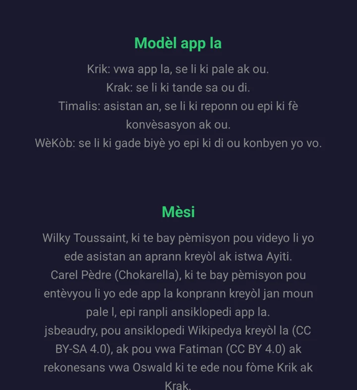 La página Paramet de la aplicación, sección Modèl app la, que presenta a Krik, Krak, Timalis y WèKòb en criollo.